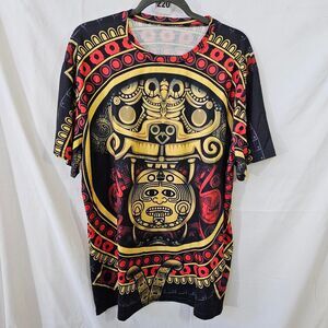 #0220 Aztec Sun Calendar Mask All Over Print Graphic Tee Gold Red XXL